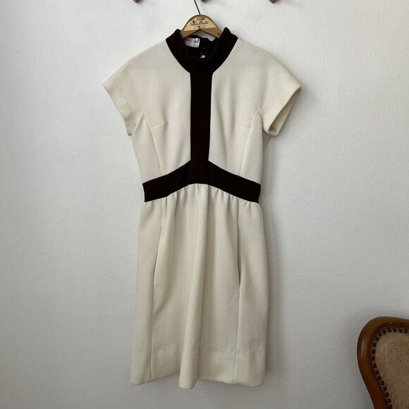 Vintage 60s Sears Fashion Board cream brown mod ribbed dress groovy XS/S - Picture 1 of 5
